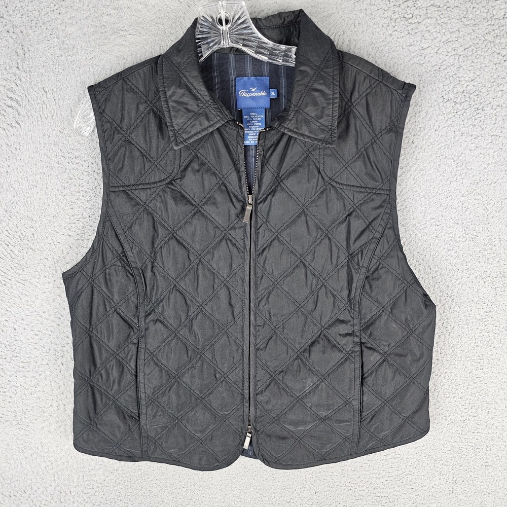 Faconnable Puffer Vest Womens XL Black Lined Softshell Sleeveless Two Way Zipper